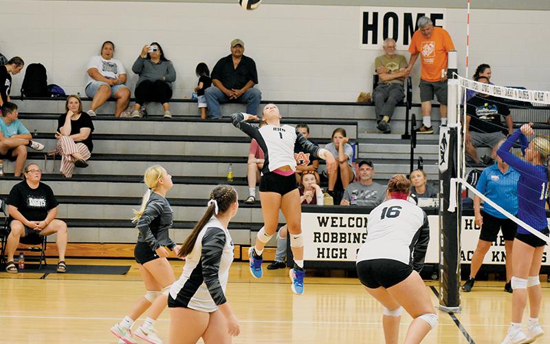 Senior outside hitter Delaney Brooms rises for a spike Monday against Hiwassee Dam. Her kills were too much for the Lady Eagles to handle in the match – especially in the clinching set. Photo by Danielle Crabtree/The Graham Star