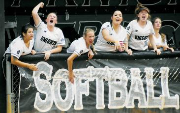 Robbinsville’s Fala Welch, Ryn Hooper, Anna Williams, Aubrie Wachacha, Olivia Lewis and Abby Adams (from left) celebrate after the tying run scored in the bottom of the second of May 11’s playoff game against Elkin. Photos by Montana Buchanan/The Graham Star