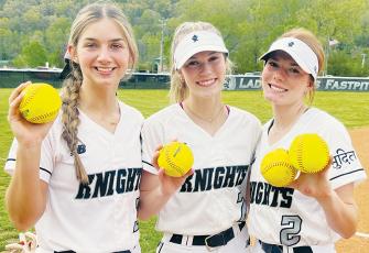 Memory Frapp, Claire Barlow and Zoie Shuler (from left) ripped a combined four homers in Friday’s 12-1 win over Andrews. Photo by Kevin Hensley/sports@grahamstar.com